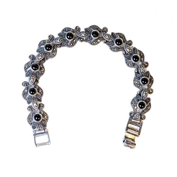 Ornate Sterling Silver Marcasite and Black Obsidian Bracelet - Picture 1 of 6
